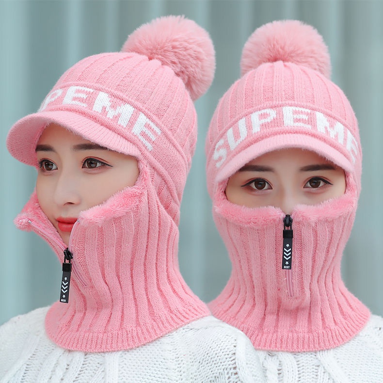 Winter Ski Hat Scarf Continuous Zipper Neck Guard Riding Warm Thick Knitted Woolen