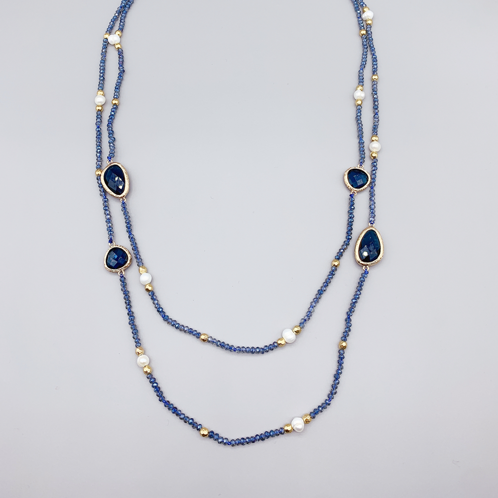 Irregular Blue Quartz Long Necklace With 2mm Crystals 5-6mm White Freshwater Pearls Hammered Gold Beads For Women Girls 50 Inch