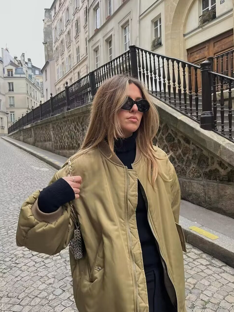 PB&ZA women's 2024 new solid color commuter versatile jacket pockets decorated with bat sleeves loose warm cotton coat F4.24#78