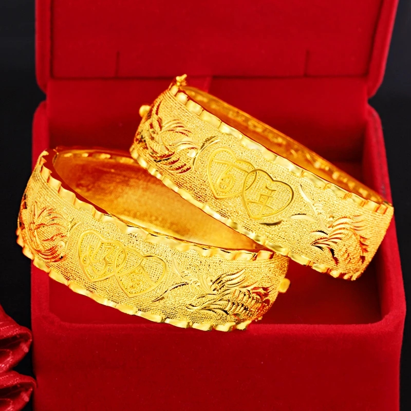 18K Gold Bracelet for Women Bride Wedding Engagement Phoenix Matte Hand Chain Bangles Bracelets Fine Yellow Gold Jewelry Gift