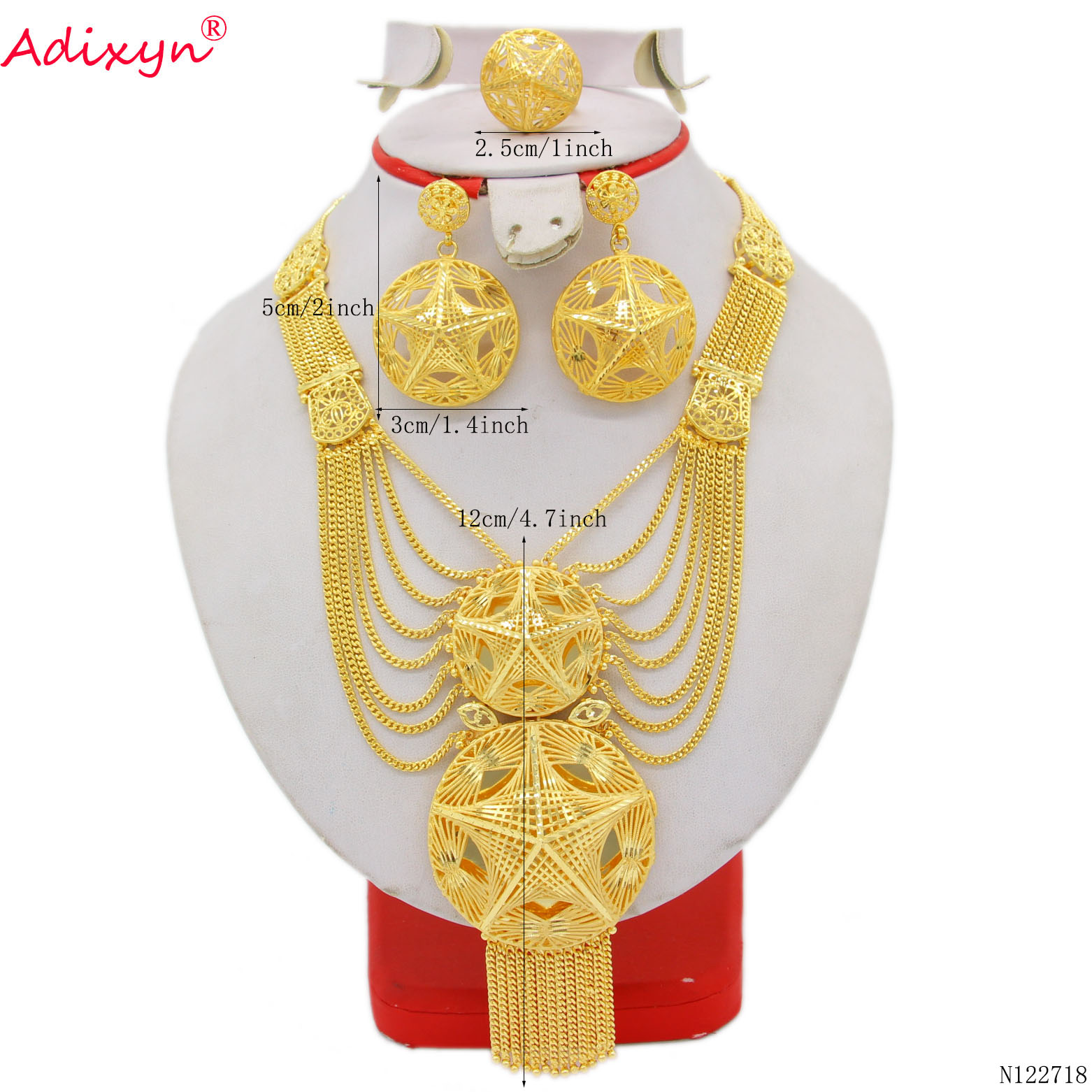 Adixyn Dubai Collares Necklace/Earrings/Ring Jewelry Set for Women 24K Gold Color African Arab Bridal Wedding Gifts N122718