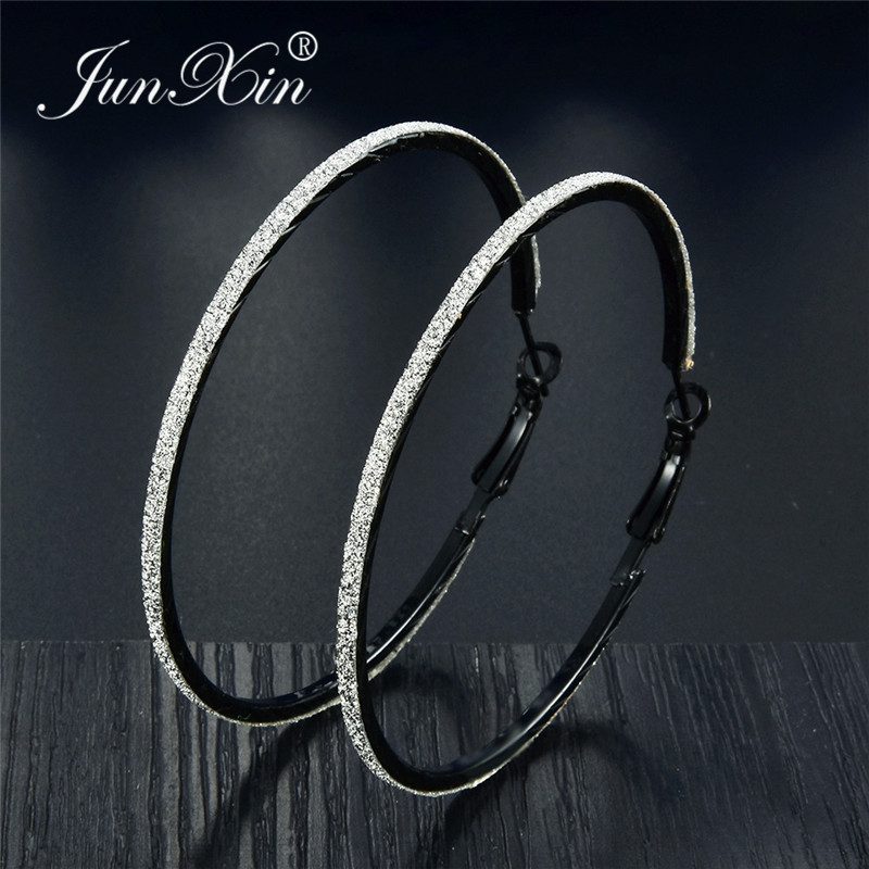 JUNXIN Black/Gold/Silver Color Matte Big Circle Hoop Earrings For Women Men Hip Hop Party Round Large Scrub Earrings Female Male