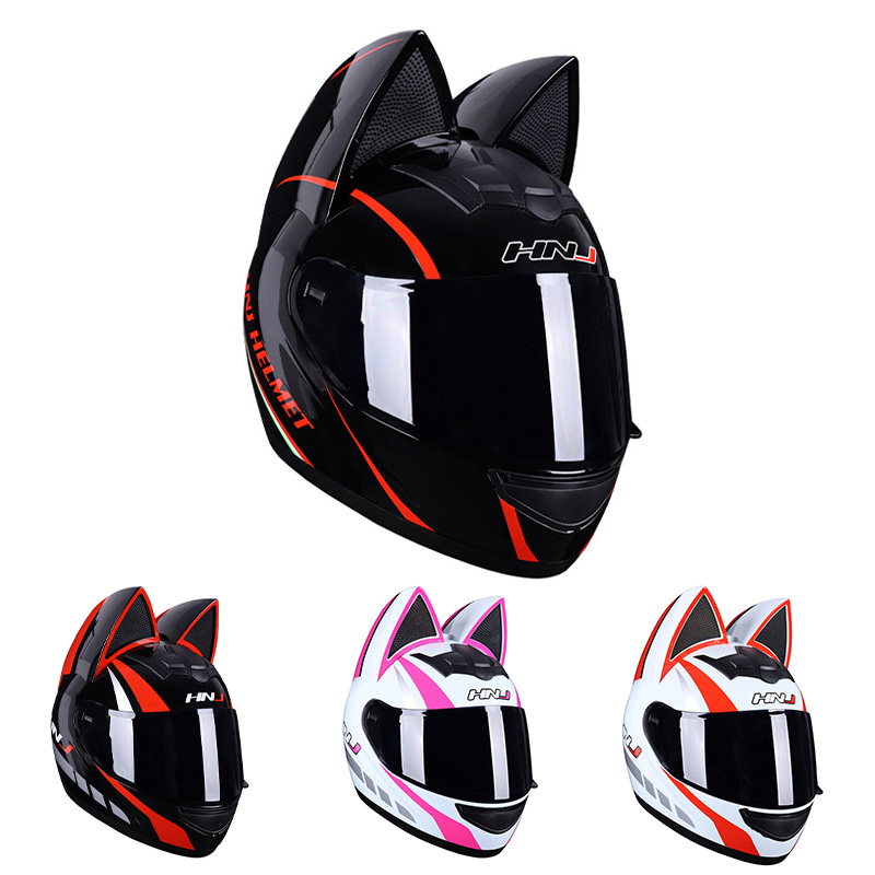 Motorcycle Helmets Men Women Cat Ear Helmets Full Face Helmet with Black Lens Four Seasons Moped Scooter Riding Motocross Helm