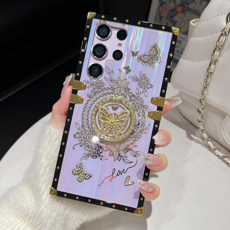 Glitter Butterfly Foldable Stand Kickstand Aurora Bling Square Phone Case For Samsung S24 FE S23 Ultra S22 S21 A05 A05S A15 A35 A55 A14 A34 A54 A13 A3