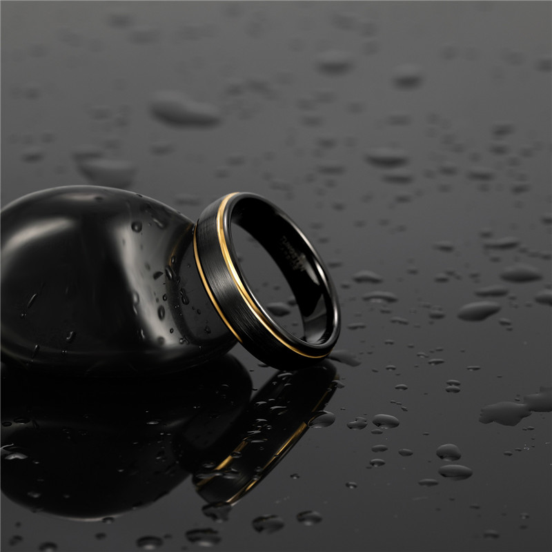 Tigrade Men Brushed Tungsten Black Ring With Gold Color Edge 6/8mm Unisex Women Men Wedding Band for Couple Name Date Engraving