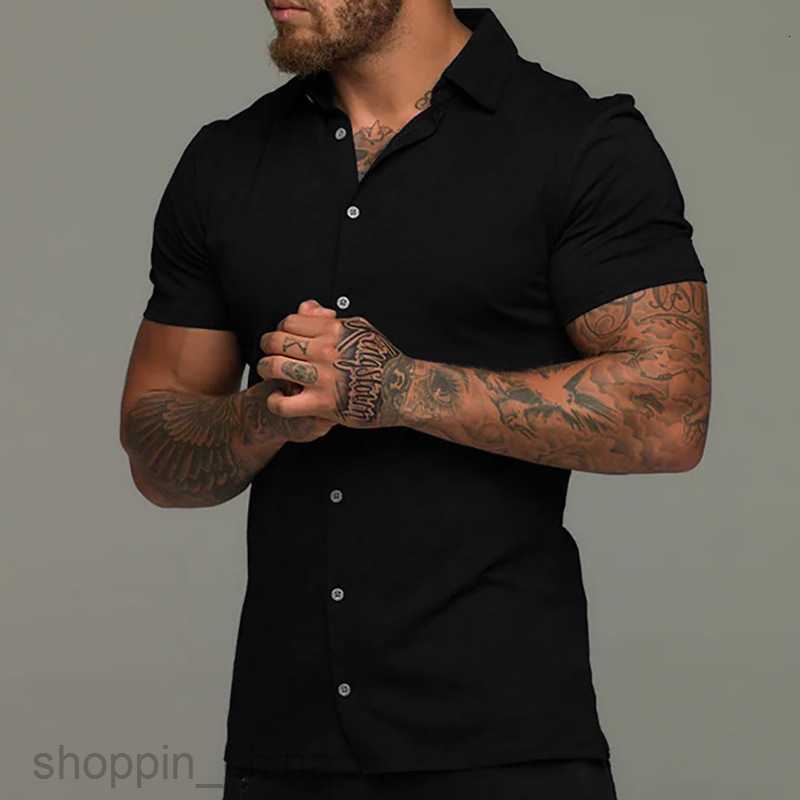 Men's Casual Shirts New Male slim fitting solid color collar casual imitation cotton shirt short sleeved youth men clothing tops