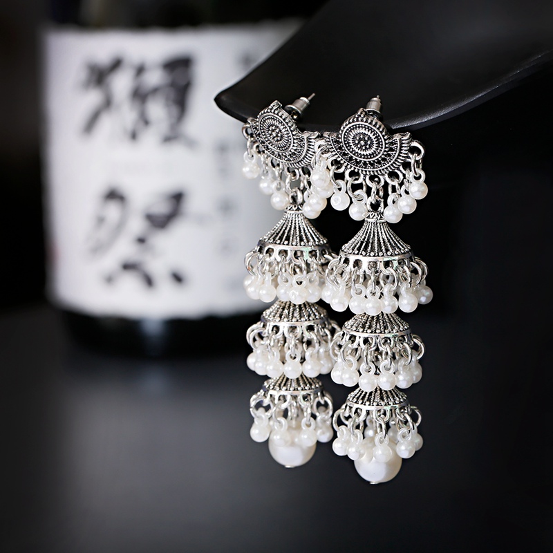 2020 Women's Gold Color Bells Earrings Bijoux Vintage Bohemia Pearl Beaded Tassel Long Earrings Ethnic Tribe Indian Jewelry