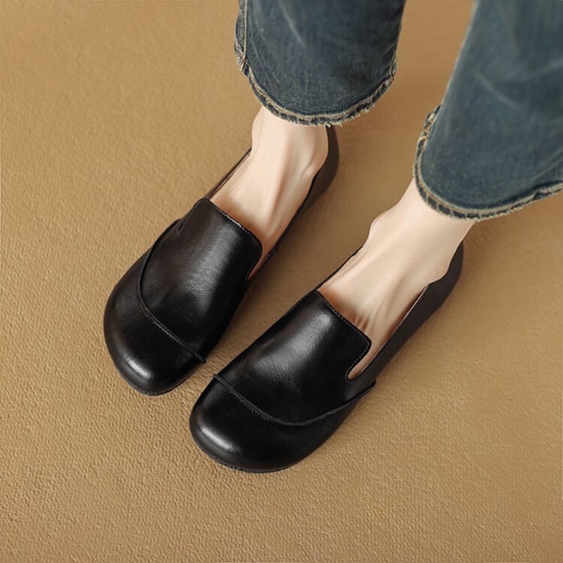 Spring/Autumn Loafers Split Leather For Round Toe Low Heel Women Flats Slip-On Soft Black Comfort Shoes 68