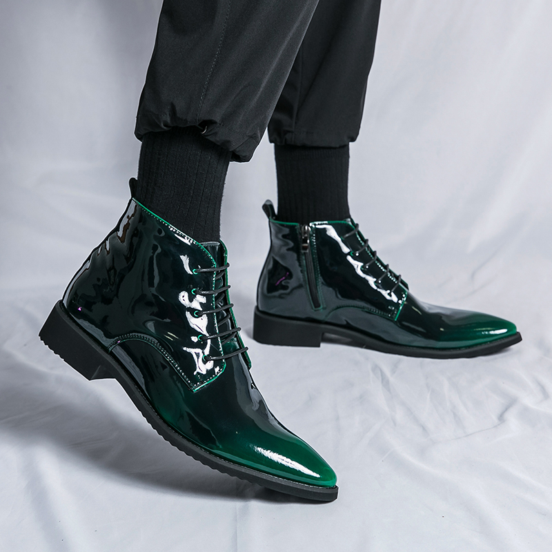Luxury Men High Top Ankle Boots Stylish Chelsea Boots Men Breathable Patent Leather Formal Shoes Plus Size 38-47Men Hip Hop Shoe