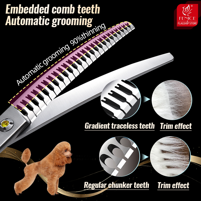 Fenice 7 inch VG10 Professional Pet Curved/Straight Thinner Natural Scissors Dog Grooming Shears Built In Comb Thinning Rate 90%