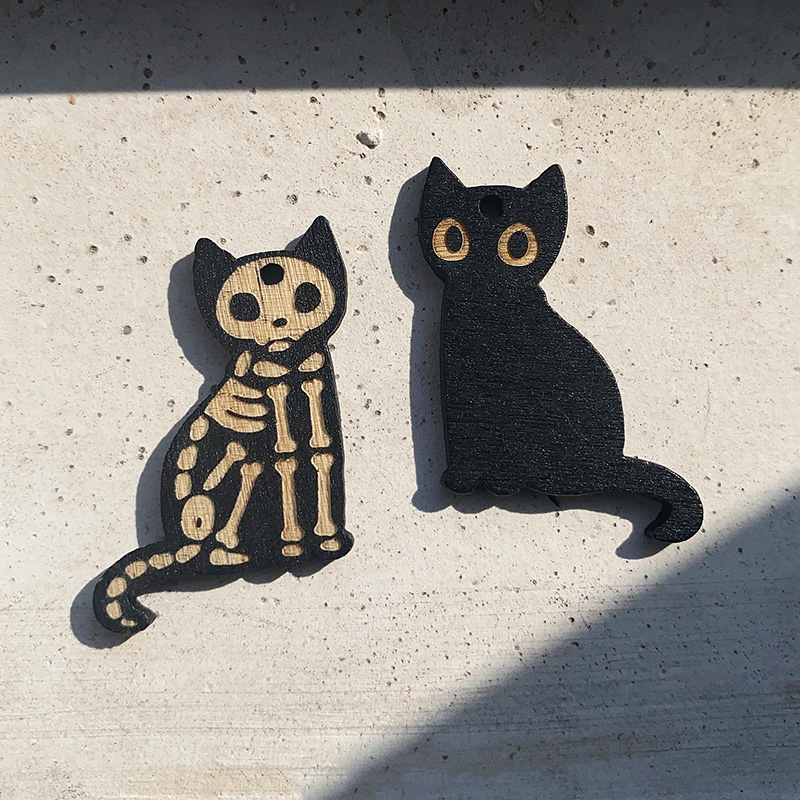 10pcs Kawaii Wood Made Black Cats Halloween Charms Diy Earring Pendant Accessory Cool Cute Skull Cat Jewelry Making Base
