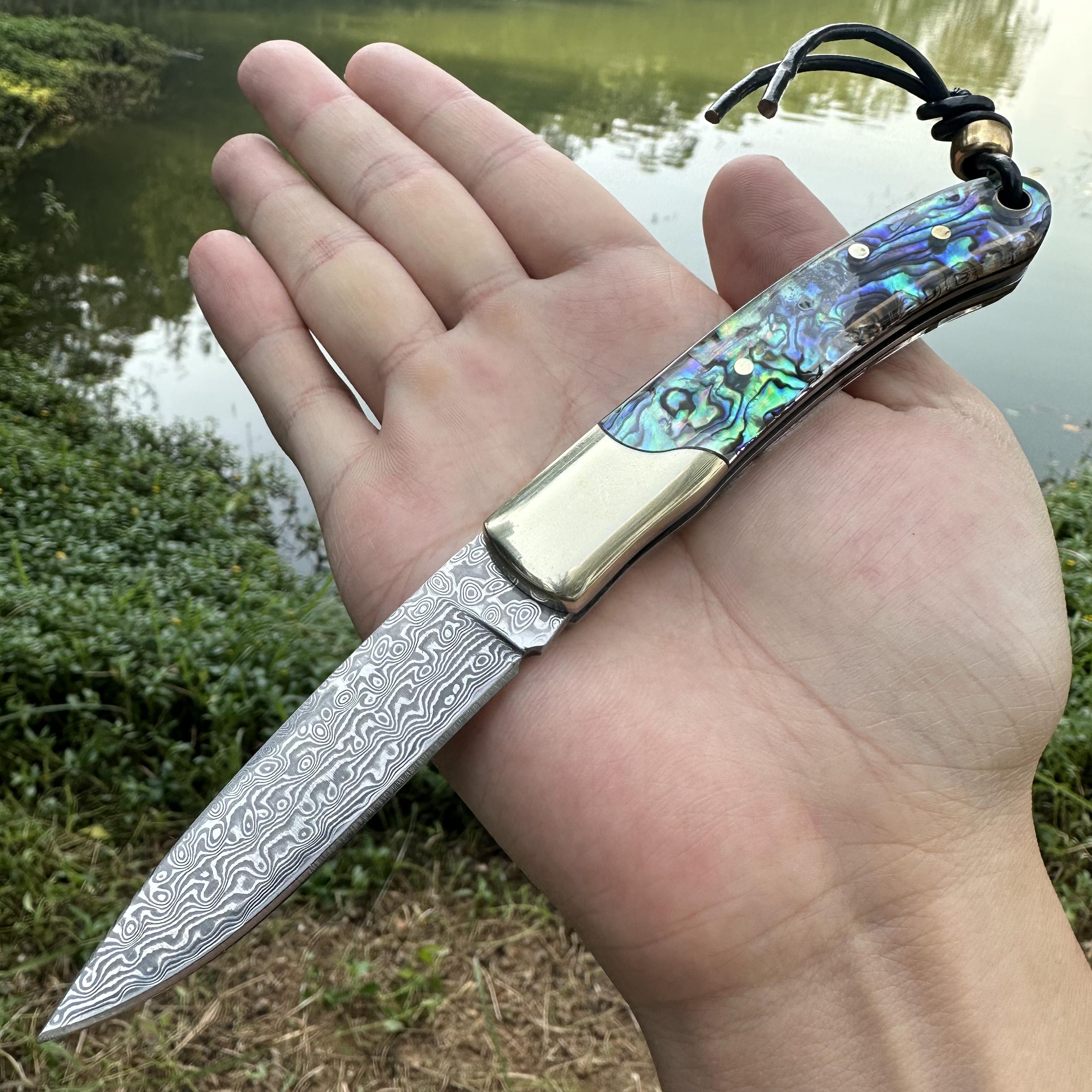 Steel Rose Handmade Damascus Pocket Knife Top167 Layers VG10 Steel Abalone Shell & Ebony Handle Copper Head EDC Fishing Outdoor