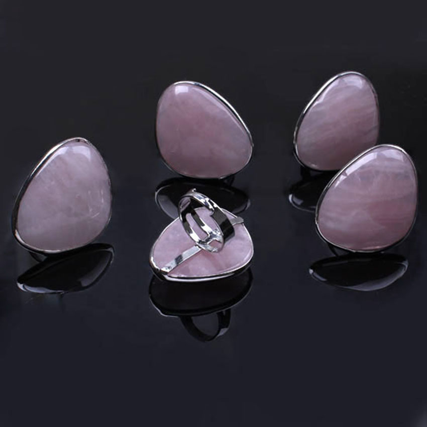 KFT Natural Rose Pink Quartz Stone Rings Healing Crystal Quartz Reiki Stone Resizable Finger Ring Jewelry For Women Men Girls