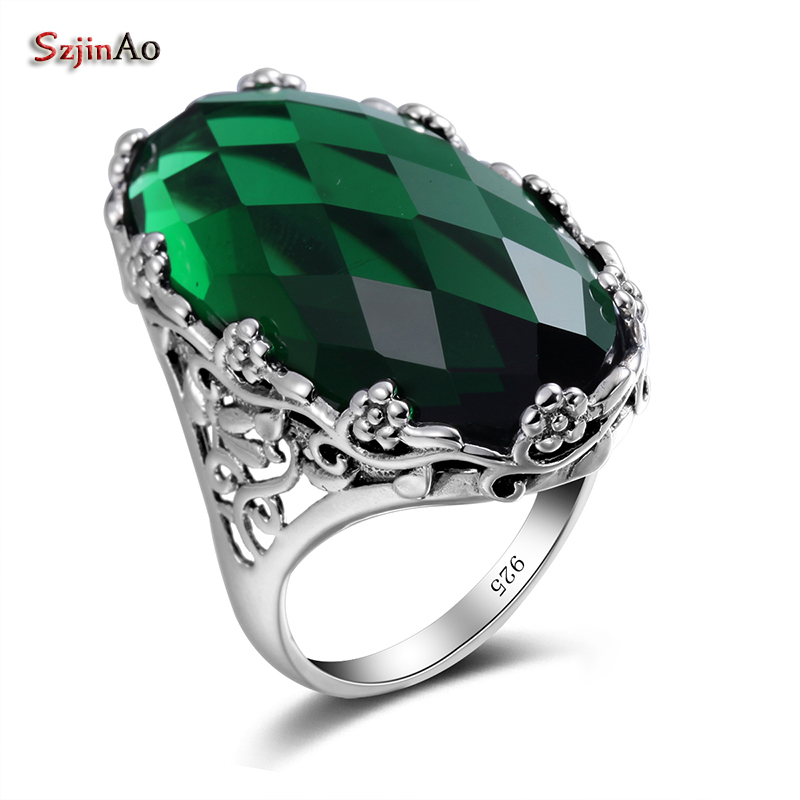 Szjinao Emerald Rings For Women Oval Punk 925 Silver Ring Big Gemstone Vintage Viking Elements Green Female Fine Jewelry