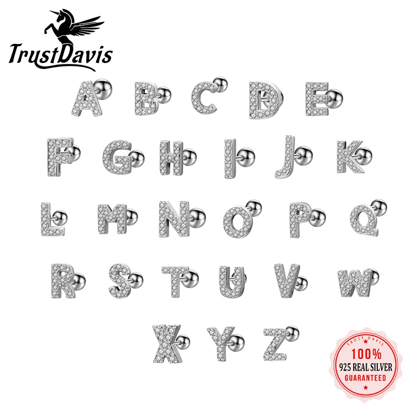 TrustDavis Real 925 Sterling Silver 26 Letter CZ Screw Beads Stud Earrings for Women Children Baby Minimalist Jewelry DB1430