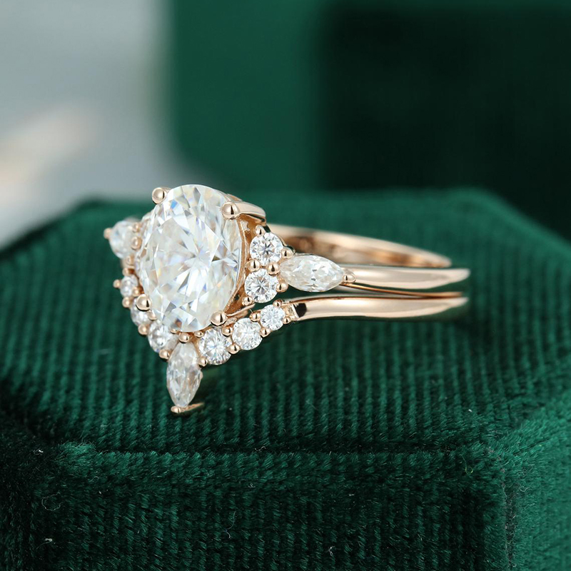 CxsJeremy 14K Rose Gold Bridal Set 1.5ct Oval Cut 6*8mm Moissanite Engagement Ring Wedding Band Women Antique Rings