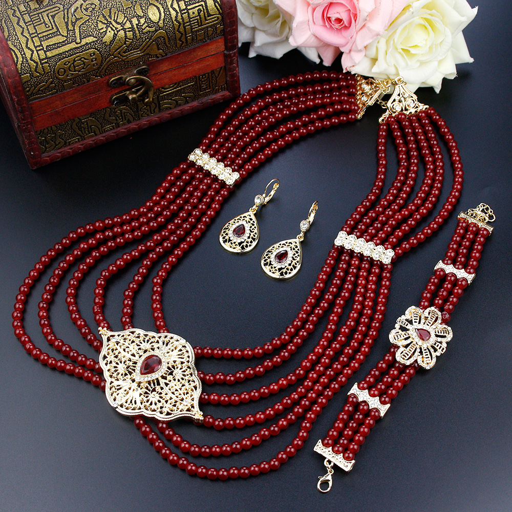 Sunspicems Algeria Morocco Bead Pearl Jewelry Sets Bridal Wedding Long Necklace Bracelet Earring Gold Color Arabic Caftan Bijoux