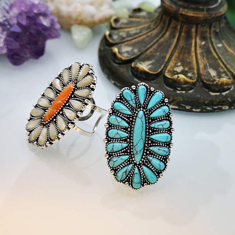 Vintage White Blue Stone Open Adjustable Rings Bohemian Turquoises Jewelry Antique Silver Color Ethnic Rings for Women Girl