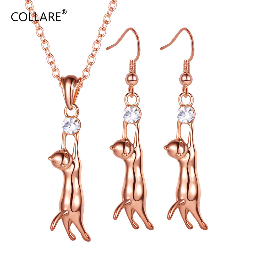 ChainsPro Cat Jewelry Sets For Women Crystal Rhinestone Animal Jewelry Gold/Silver/Black Color Cute Earrings Necklace Set S128