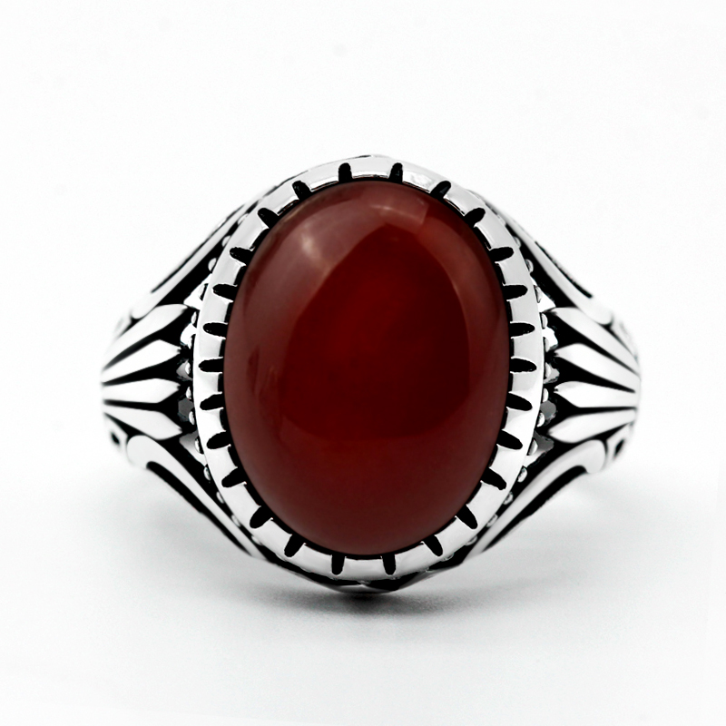 Natural Agate Ring for Men 925 Sterling Silver with Big Red Stone Vintage Rings Hollow Design for Male Women Thai Silver Jewelry