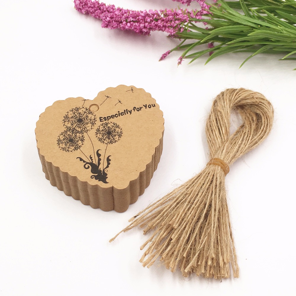 100pcs DIY Kraft Paper Tags Brown Heart Shape Label Luggage Wedding Note Blank price Hang tag Kraft Gift tags+100pcs strings
