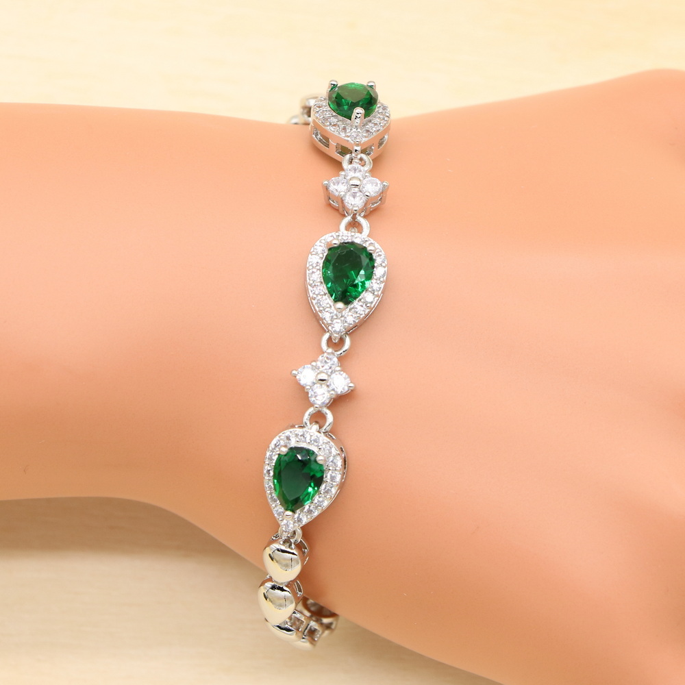 Hot Sell Natural Green Cubic Zirconia White CZ Silver 925 Jewelry Charm Bracelet Christmas Gifts For Women Length 18+3cm