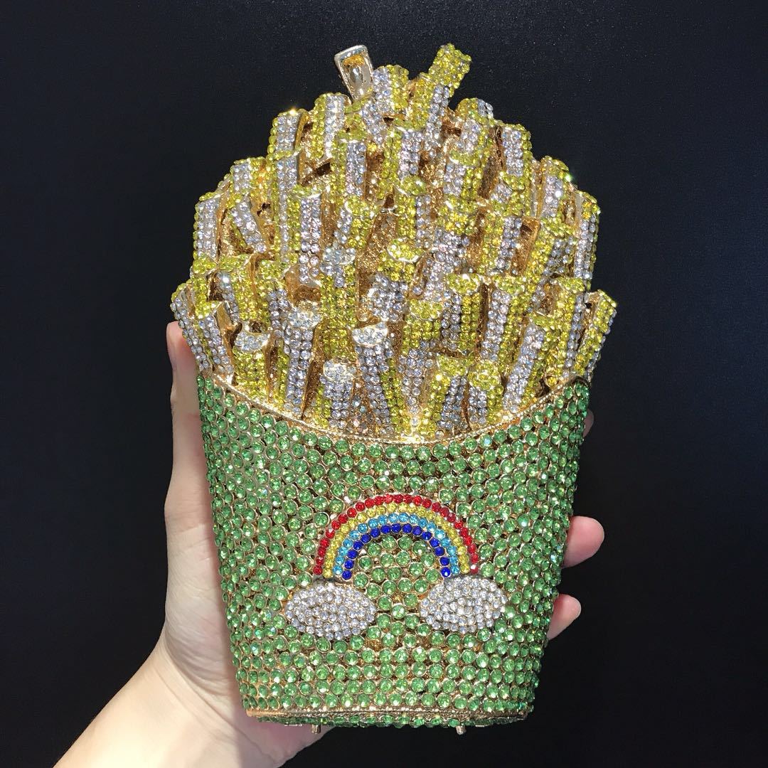 XIYUAN French Fries Bag Elegant Bling Women Crystal Clutch Evening Bags Rhinestone Flower Minaudiere Handbags Wedding Party Bags