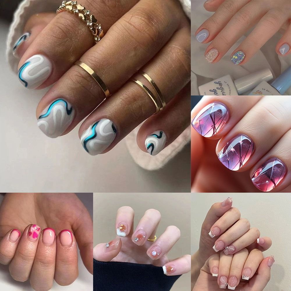 24pcs Short Round False Nails French Blue Sparkling Pearl Blue White Wavy Love Heart Full Cover Detachable French Nail Tips