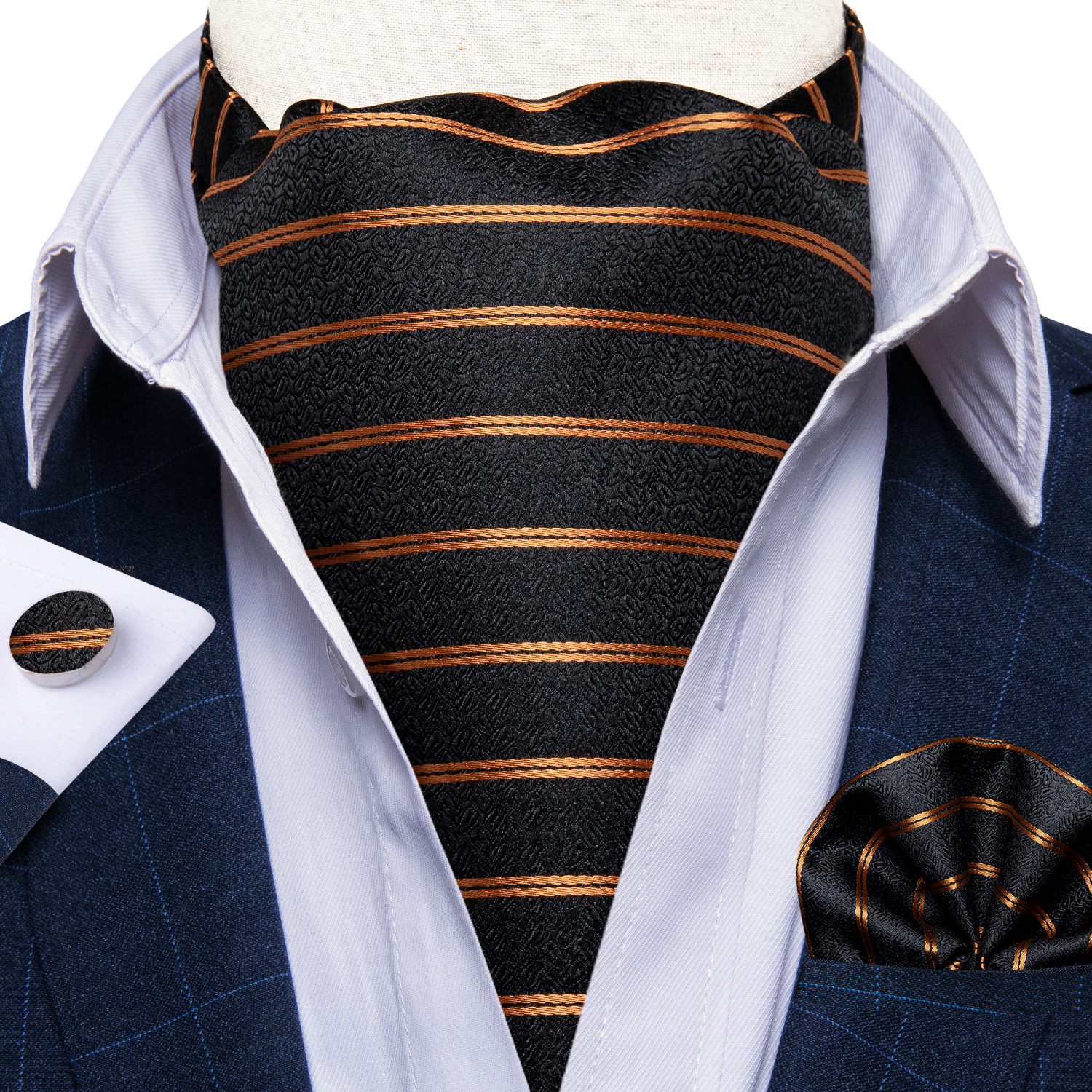 Luxury Gold Striped Black Cravat Ties For Men Vintage Ascot Tie Polyester Silk Neck Tie Cravat Tie Ring Gift For Men DiBanGu