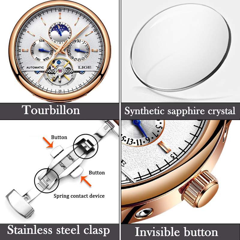 Relogio Masculin LIGE New Mens Watches Top Brand Luxury Automatic Mechanical Watch Men Leather Waterproof Watch Week Clock+Box