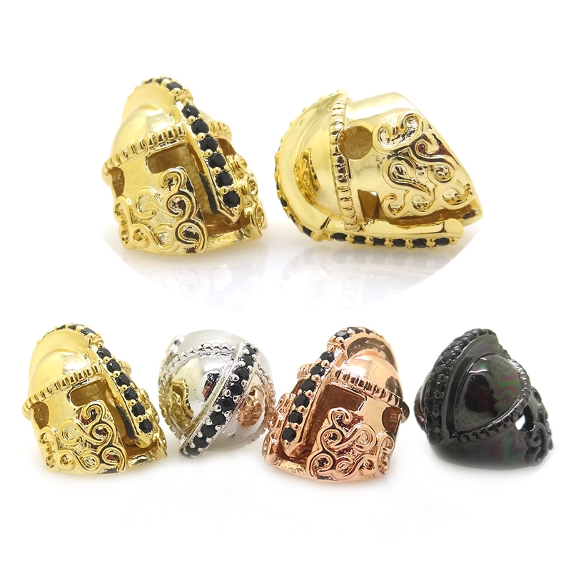 Black Silver Gold Color Pave Black CZ Setting Roman Warrior Helmet Beads For Bracelet DIY Jewelry Making Accessories Bead 2Pcs