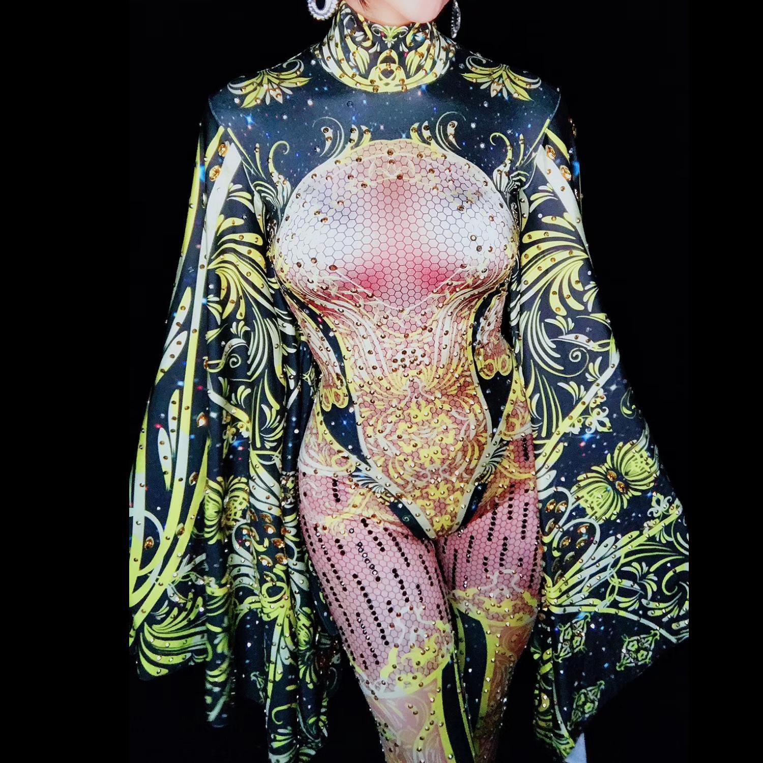Gold Rhinestones Jumpsuit Women Sexy Leotard Big Sleeve Stage Costumes Singer Performance Outfits Dancer Rompers 2024 Nvhuang