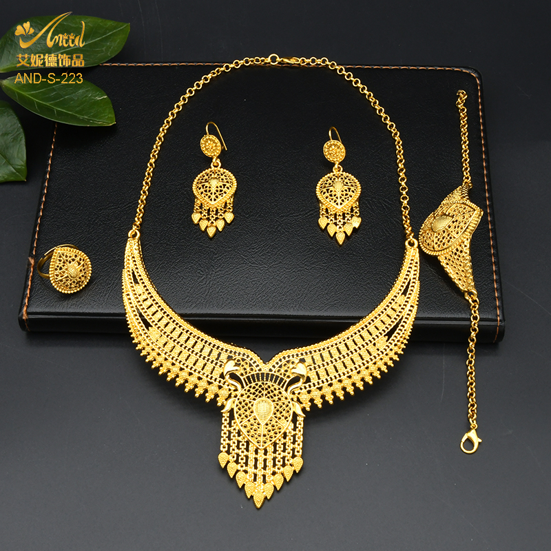 ANIID Indian Jewelry Set Wedding 24k Gold Color African Jewelry Dubai Bridal Sets Nigerian Necklace Bracelet Earring Jewellery