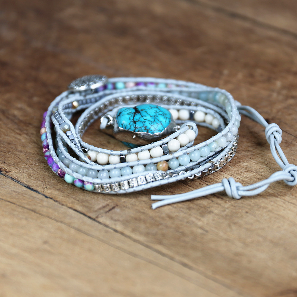 Women DIY Handmade Jewelry 5 Strand Mix Beads String Braided Bracelet Natural Amazonite Stone Bohemia Leather Wrap Bracelet