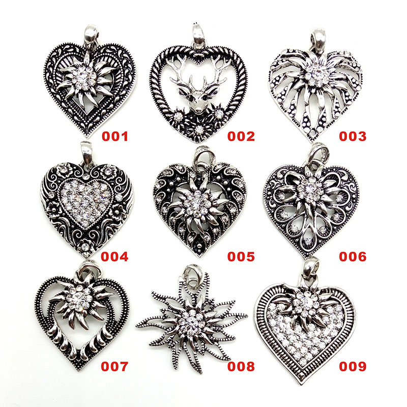 Vintage Carved Edelweiss Flowers Pendant Necklace Traditional Dirndl Costume Black Colour Rope Necklace German Jewelry Wholesale