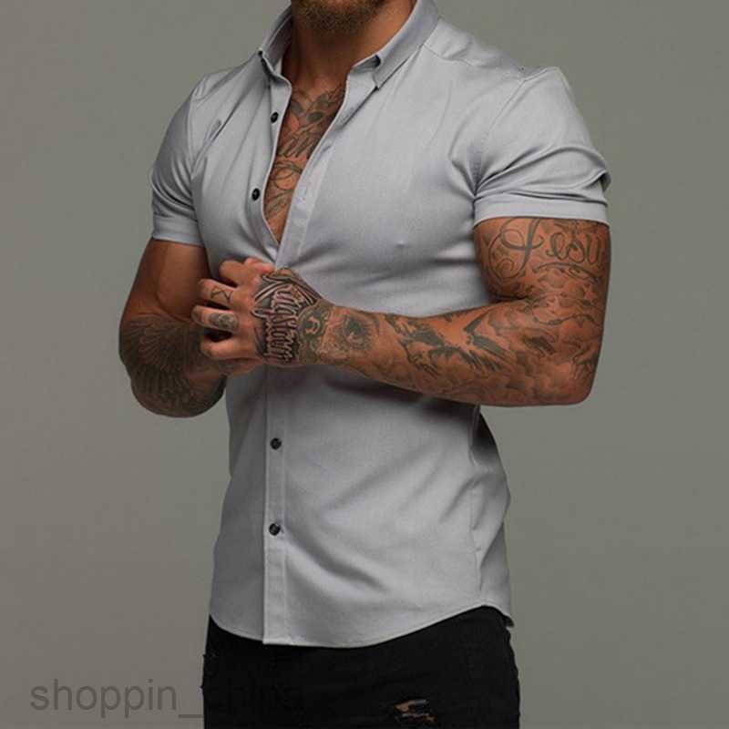 Men's Casual Shirts Muscle men fitness short sleeve Lapel shirt elastic thin pure color sports leisure cardigan business iron shirt fashion tops