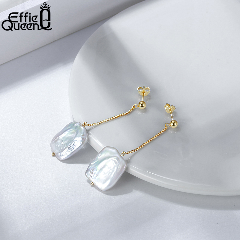 Effie Queen Retro Baroque Freshwater Cultured Pearl Earrings 925 Silver 14K Gold Plated Long Line Drop Earring for Women GPE05