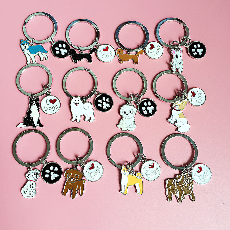 Mini Metal Dog Jewelry Samoyed Terrier Pug Dog Key Chain Key Ring Pom Gift For Women Girl Bag Charm Keychain Pendant Jewelry