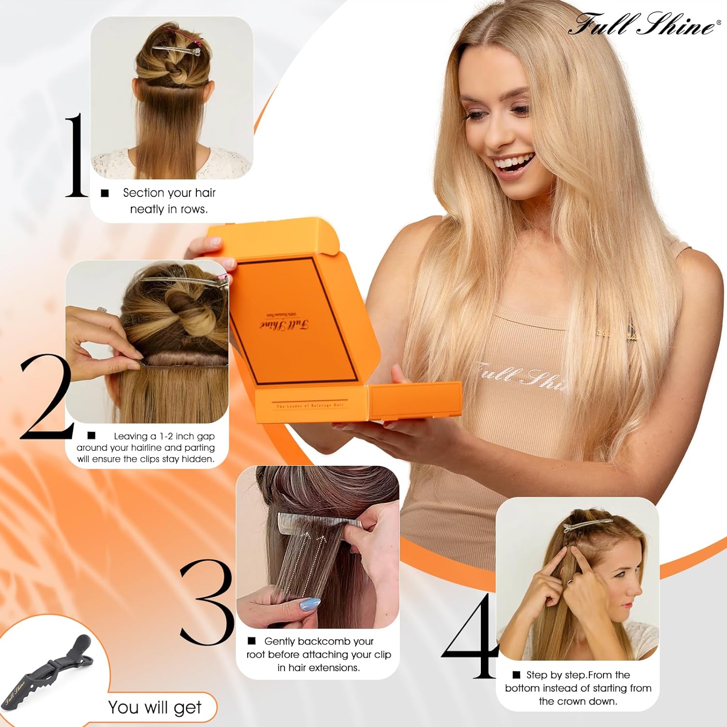 Full Shine Human Hair Extensions Clip in Hair Extensions Balayage 7pcs 120g Double Weft Hair Extensiona Human Hair For Woman