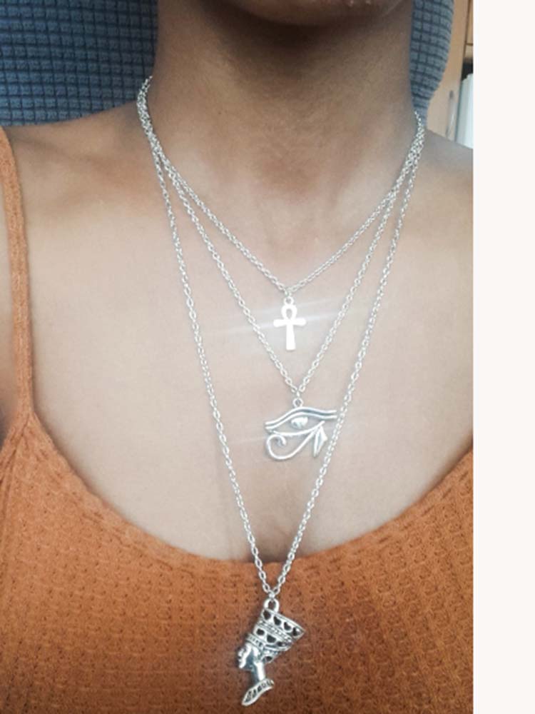 Layered Necklace Women Ankh Cross Horus Eye Nefertiti Anubis Pendant Egypt Jewelry Accessories Holiday Gifts