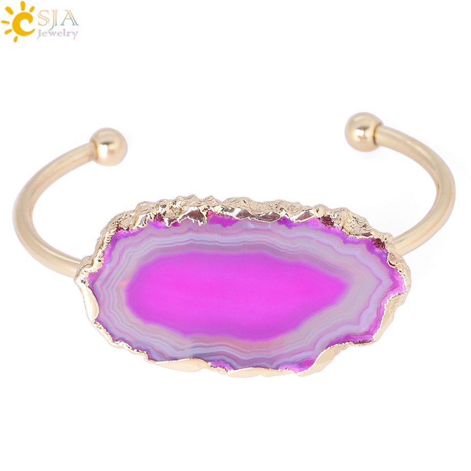 CSJA Natural Stone Hand Jewellery Irregular Nature Agates Slice Half Open Bangles for Women Gold Color Charms Bracelet F346