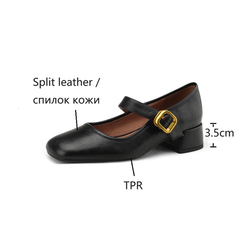 NEW Spring Pumps Split Leather For Women Round Toe Chunky Classical Low Heel Mary Janes Belt Buckle Shoes