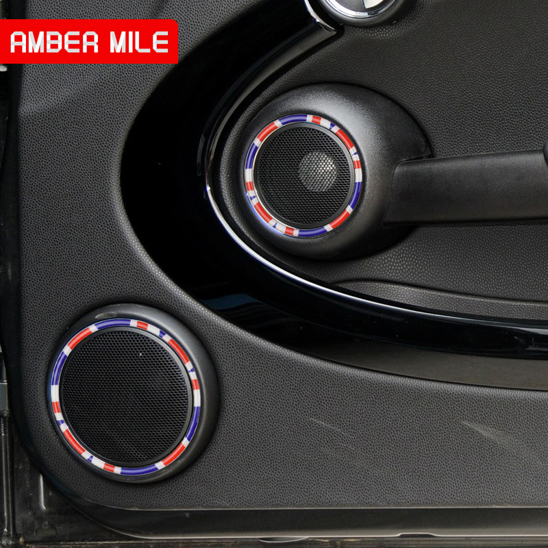 AMBERMILE 5pcs/set For Mini Cooper R55 Hatchback Accessories Mini One R56 Clubman Interior Door Audio Speaker Sticker Styling