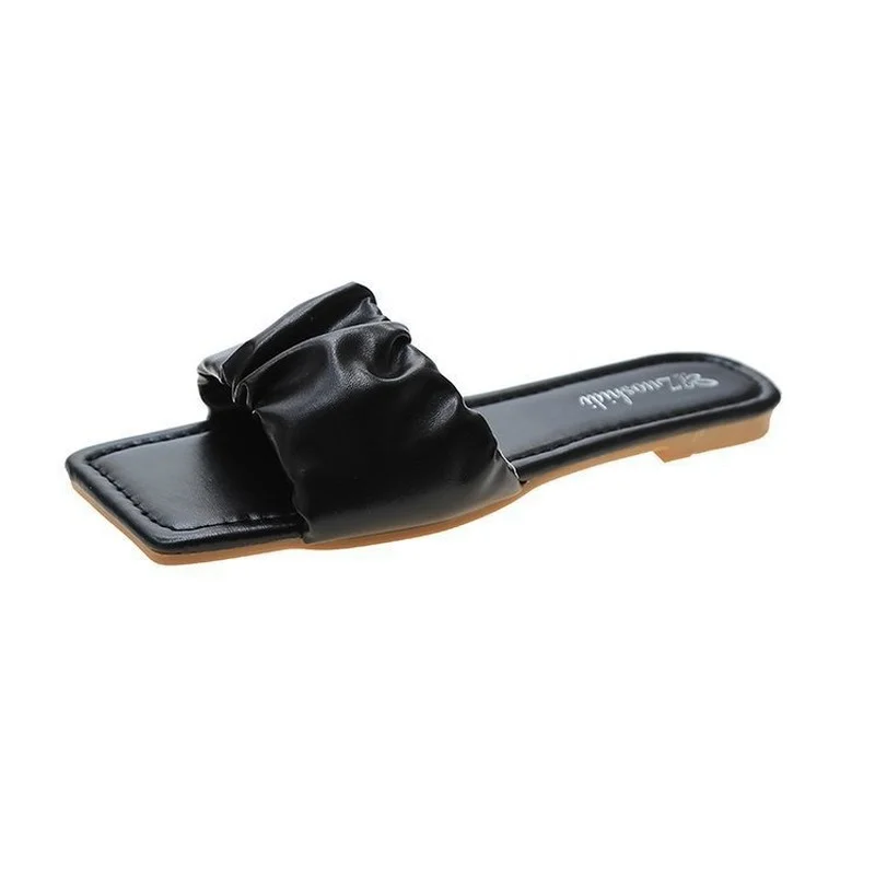 Woman Flat Slippers Summer 2023 New Stylish Pleated Sandals for Women Casual Flip Flops Pure Color Women's Shoes A043