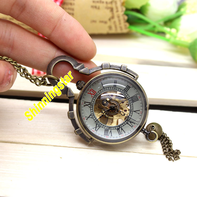 Luxury Transparent Ball Mechanical Pocket Watch Necklace Roman Numerals Dial High Quality Pendant Fob Chain Clock for Men Women