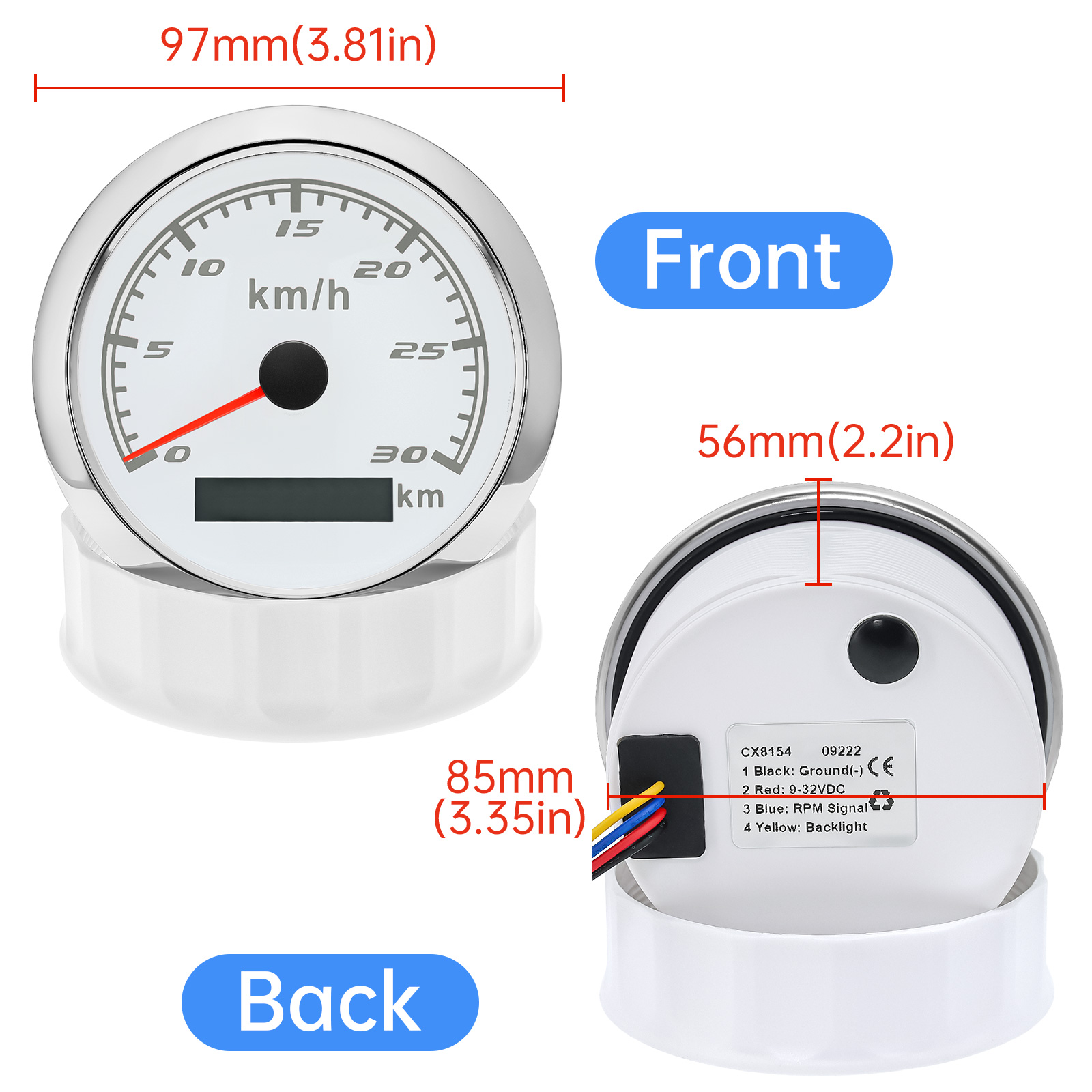 85mm Digital Speedometer Gauge 30kmh/60kmh/120kmh/20kmh With 7-color backlight Car Truck Boat Motor Automobile Motocycle