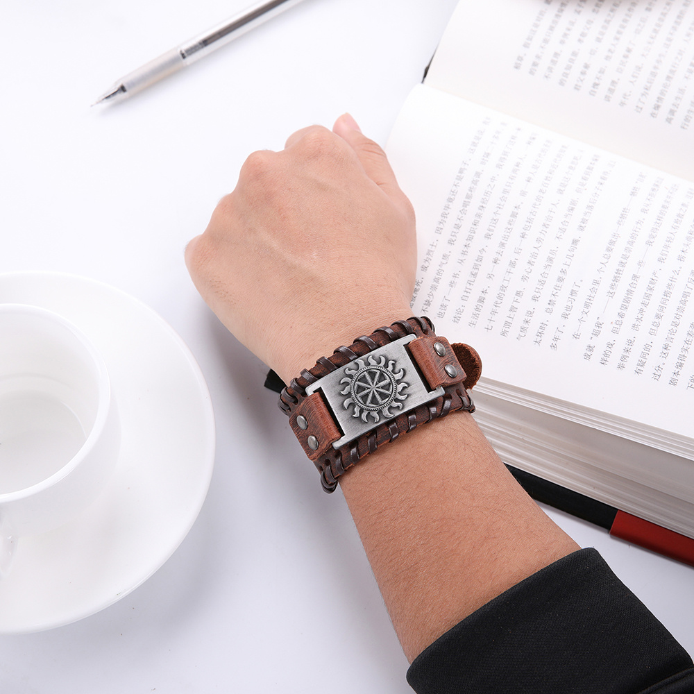 My Shape Viking Vintage Genuine Leather Bracelets for Men Slavic Symbol of Sun Bangles Amulet Talisman Religious Jewelry Gifts