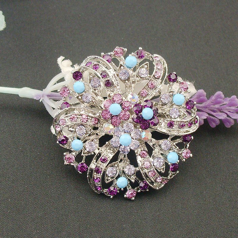 New Round Vintage Rhodium Plated Coloured Purple Rhinestone Crystal Wedding Elegant Flower Bouquet Pin Brooch, Item No.: BH7515
