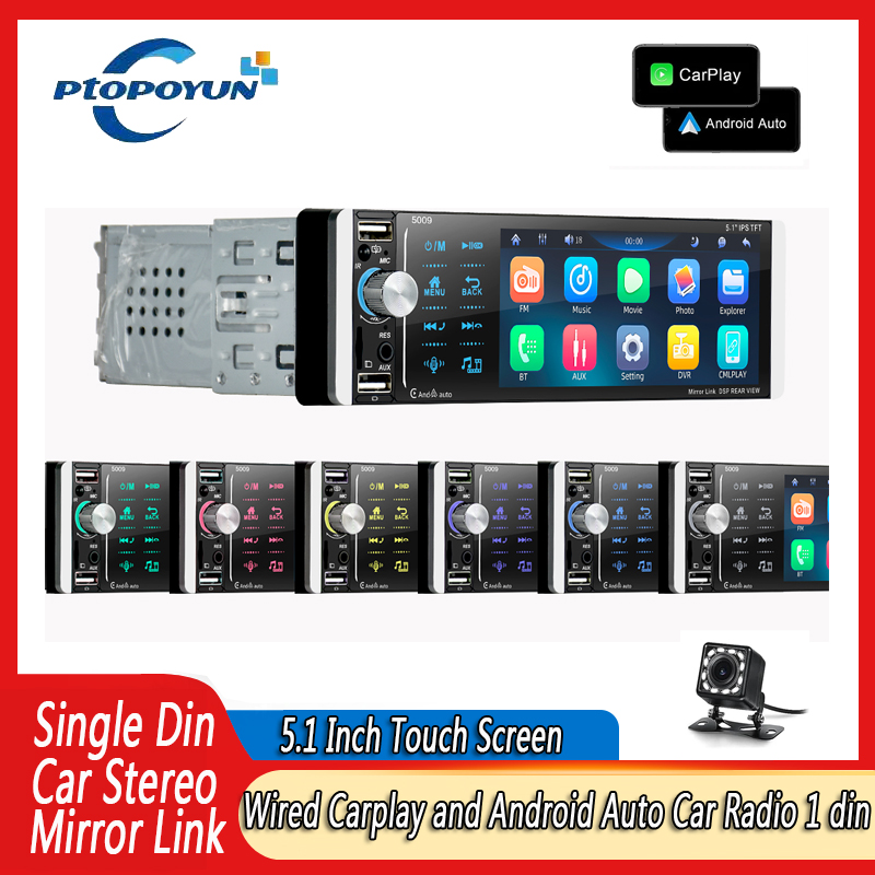 Ptopoyun Single Din Carplay Car Radios 1 din with 5 Inch Screen Android Auto Bluetooth Autoradio FM Stereo Receiver MP5 Player