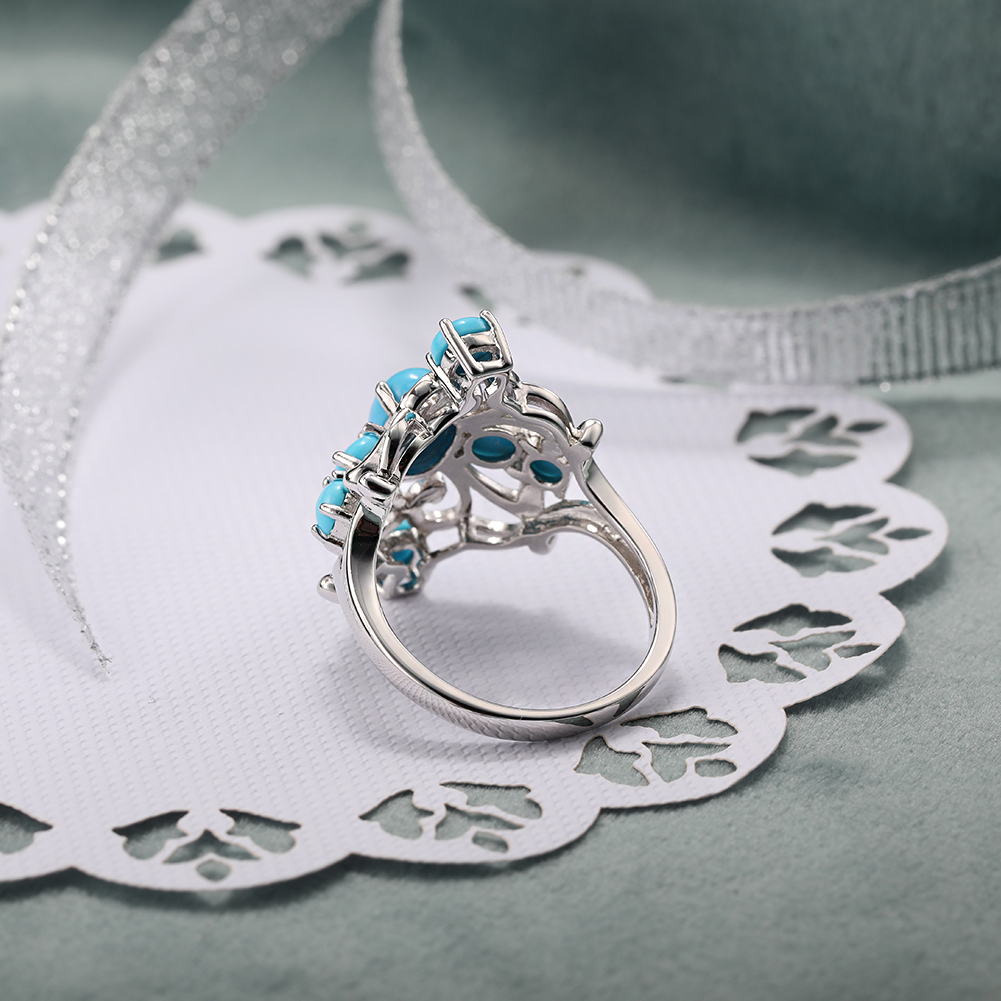 GZ ZONGFA Original 925 Sterling Silver Rings for women Seven Natural Turquoise Ring 1.5 Carats Rhodium Plated Fine Jewelry